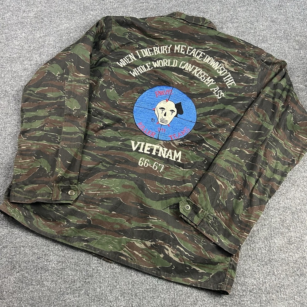 Vintage Vietnam Tiger Stripe Jacket Mens Large Green Camo Embroidered Skull